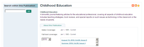 a screenshot of the page for the journal Childhood Education in Educator's Reference Center 